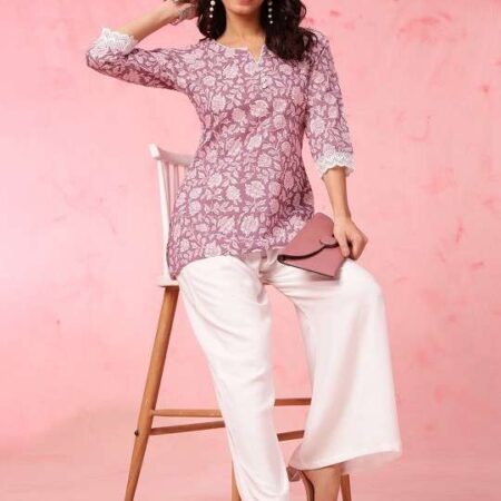 Women's Rayon Floral Printed Straight Short Kurti Set